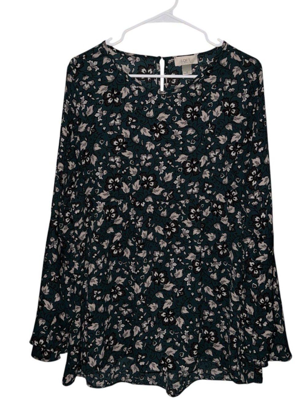 LOFT Dark Green Flare Sleeve Floral Long-Sleeve Tunic Ruffle Top